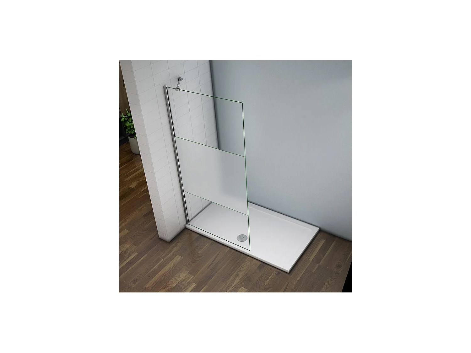 Paroi de douche à l'italienne 90x200cm avec barre de fixation d'angle 45cm, en 8mm verre bande centrale dépolie
