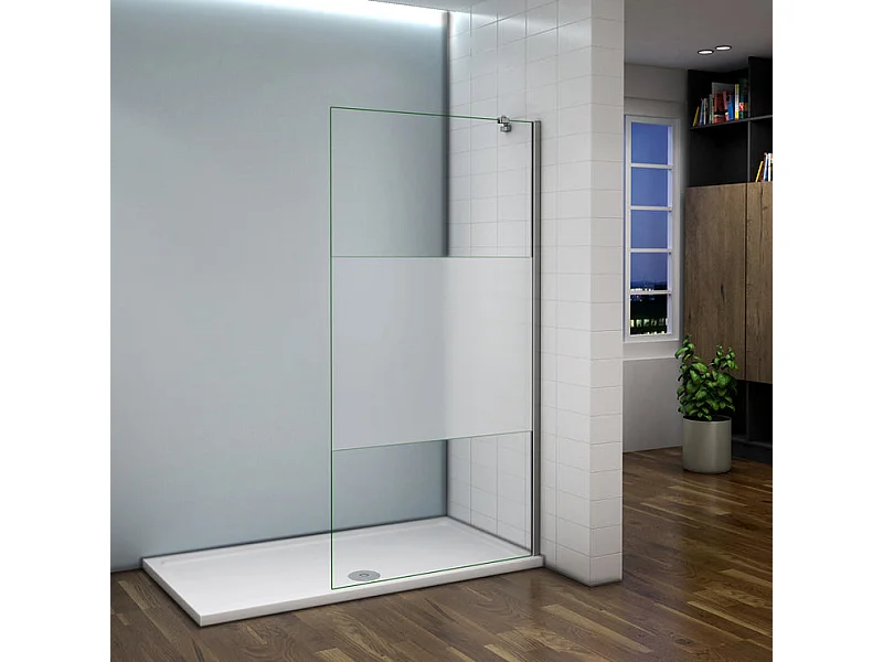 Paroi de douche à l'italienne 90x200cm avec barre de fixation d'angle 45cm, en 8mm verre bande centrale dépolie