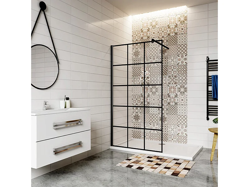 Paroi de douche fixe à l'italienne 80x200cm avec barre de fixation 90cm en carré - Noir - 8mm verre coloré et anticalcaire