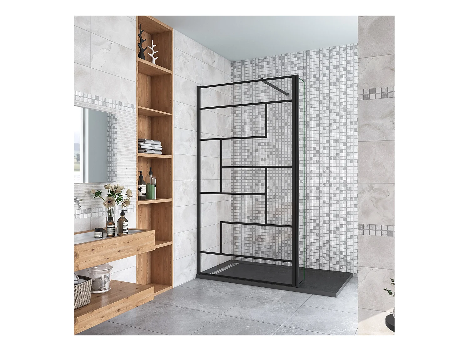 Paroi de douche fixe à l'italienne 80+40x200cm avec retour pivotant - Noir - avec barre de fixation 90cm recoupable