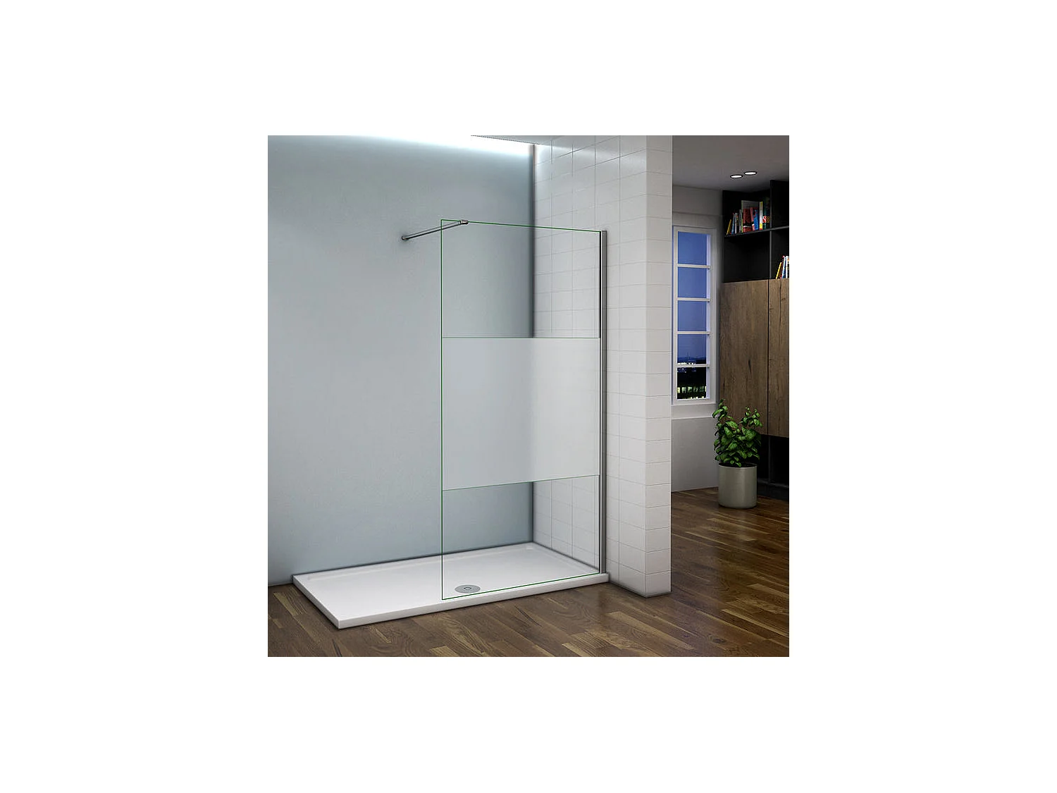 Inloopdouchewand 120x200cm met 90cm bevestigingsstang die op maat gemaakt kan worden, in 8mm glas met gematteerde middenstrook