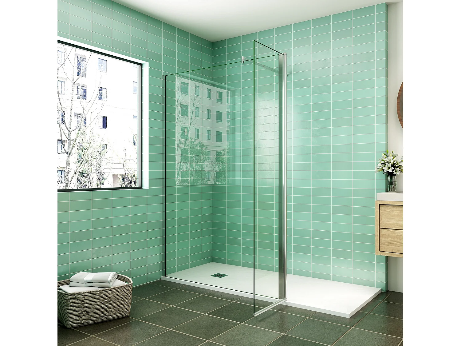 Inloopdouchewand 130x200cm met draaibare retour 50x200cm - Veiligheidsglas - Met cilindrische bevestigingsstang 70-120cm