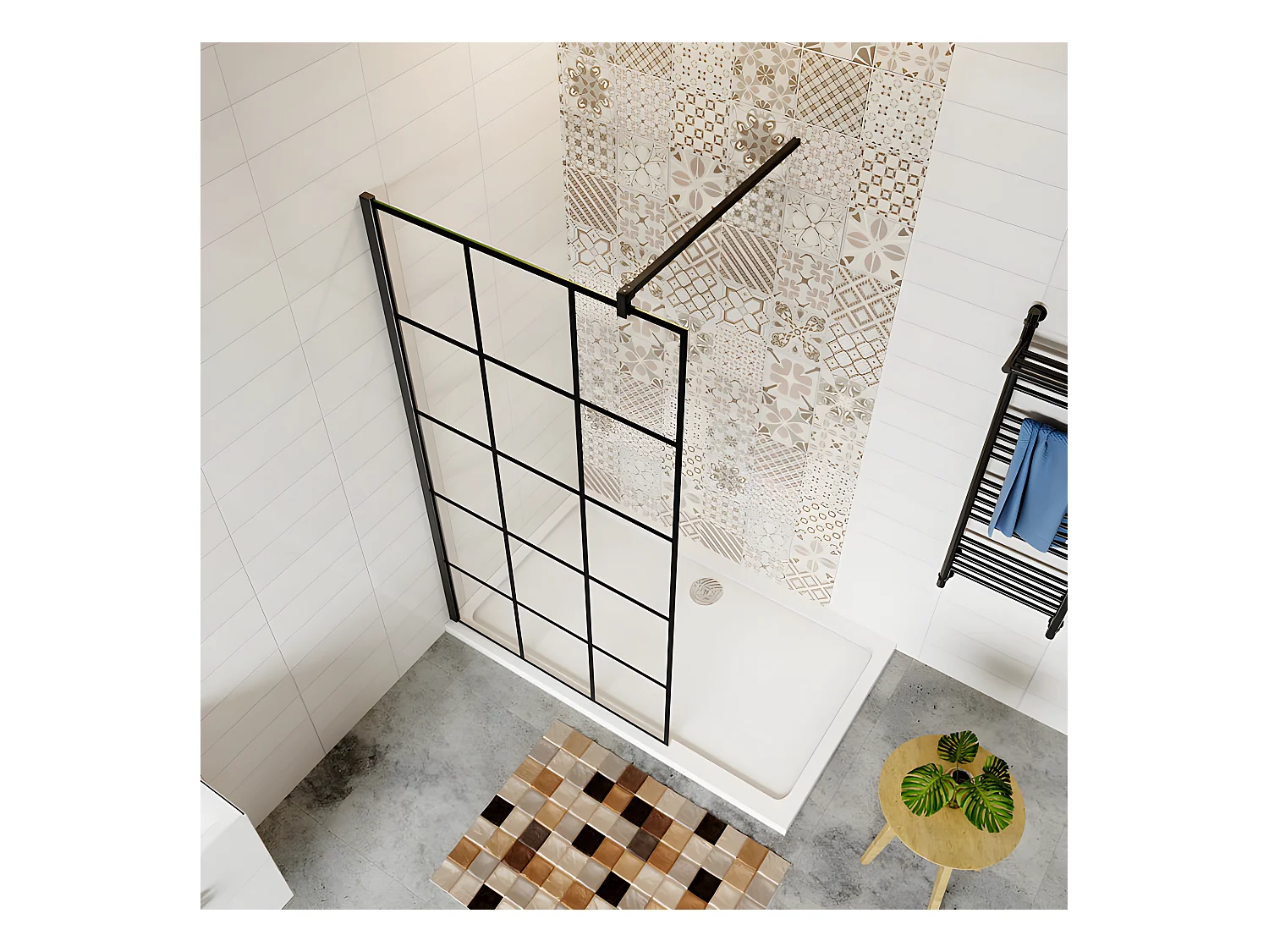 Paroi de douche fixe à l'italienne 140x200cm avec barre de fixation 90cm en carré - Noir - 8mm verre coloré et anticalcaire