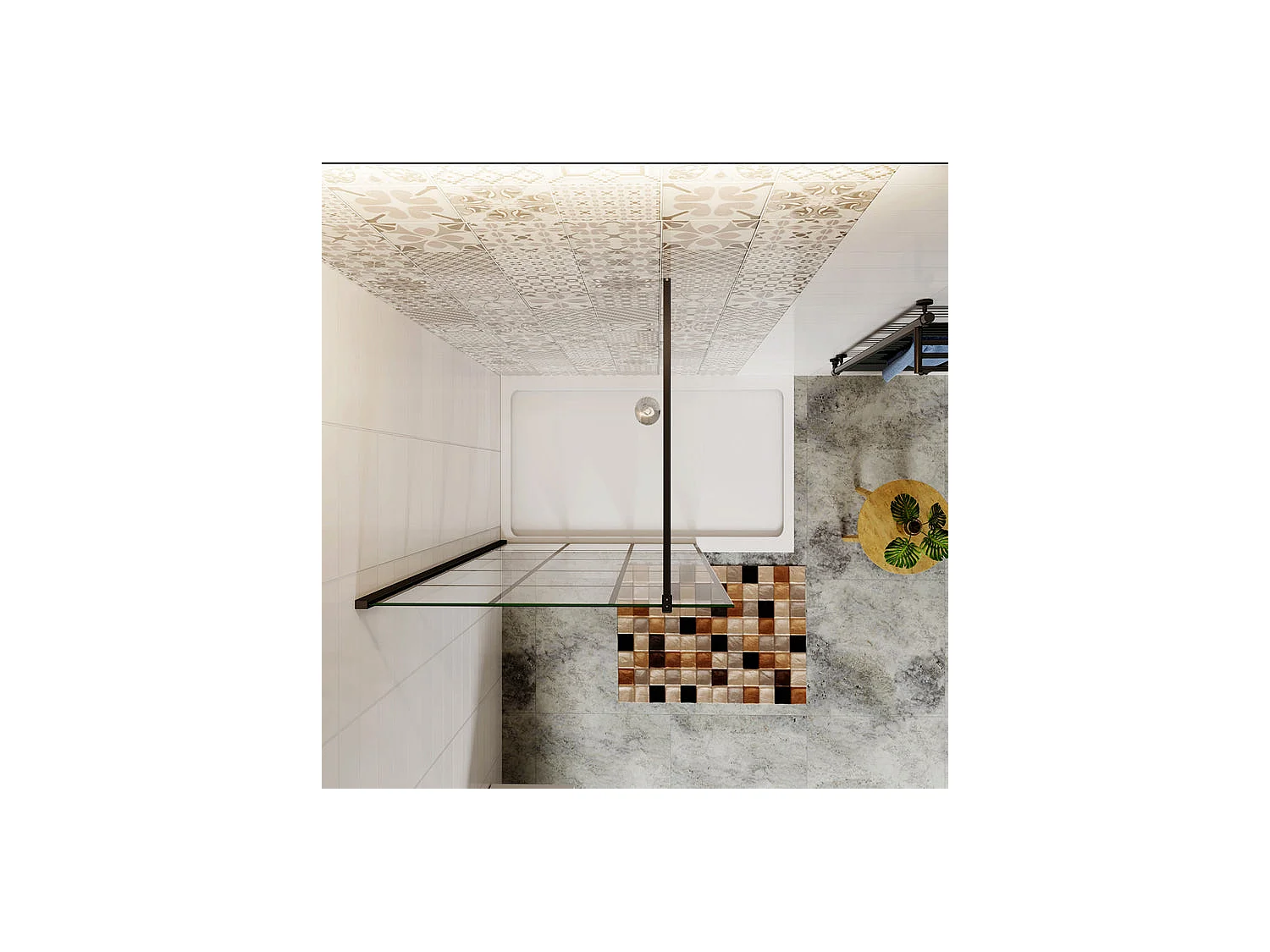 Paroi de douche fixe à l'italienne 140x200cm avec barre de fixation 90cm en carré - Noir - 8mm verre coloré et anticalcaire
