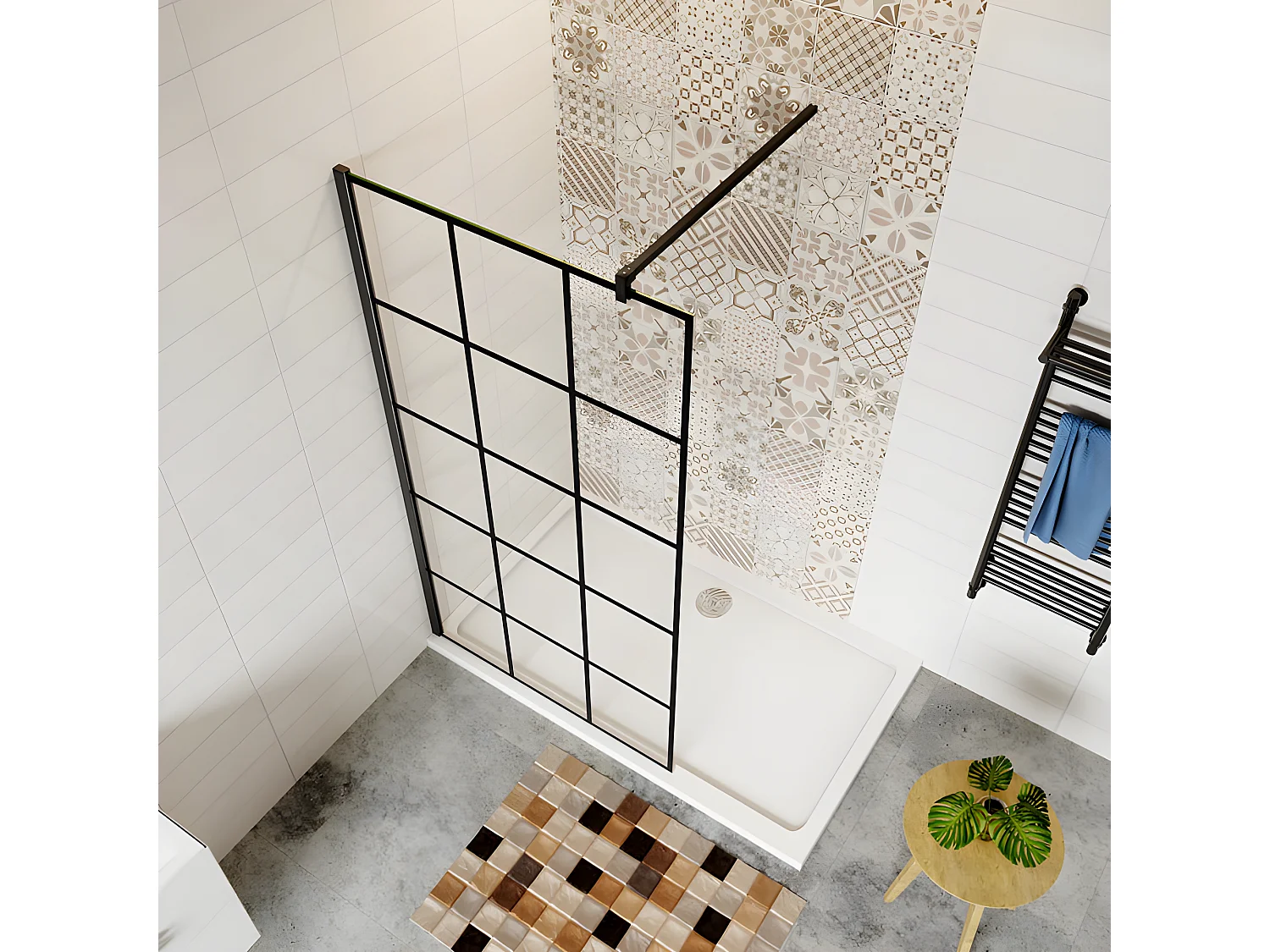 Paroi de douche fixe à l'italienne 140x200cm avec barre de fixation 90cm en carré - Noir - 8mm verre coloré et anticalcaire