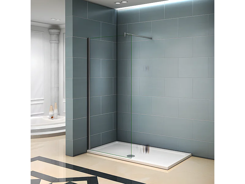 Paroi de douche à l'italienne 140x200cm avec barre de fixation 90cm en carré - Chromé - Verre 8mm trempé transparent