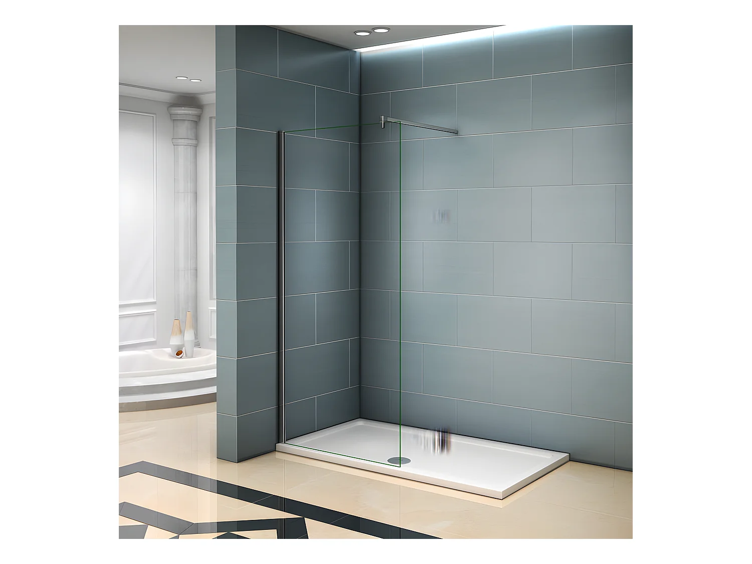 Paroi de douche à l'italienne 140x200cm avec barre de fixation 90cm en carré - Chromé - Verre 8mm trempé transparent