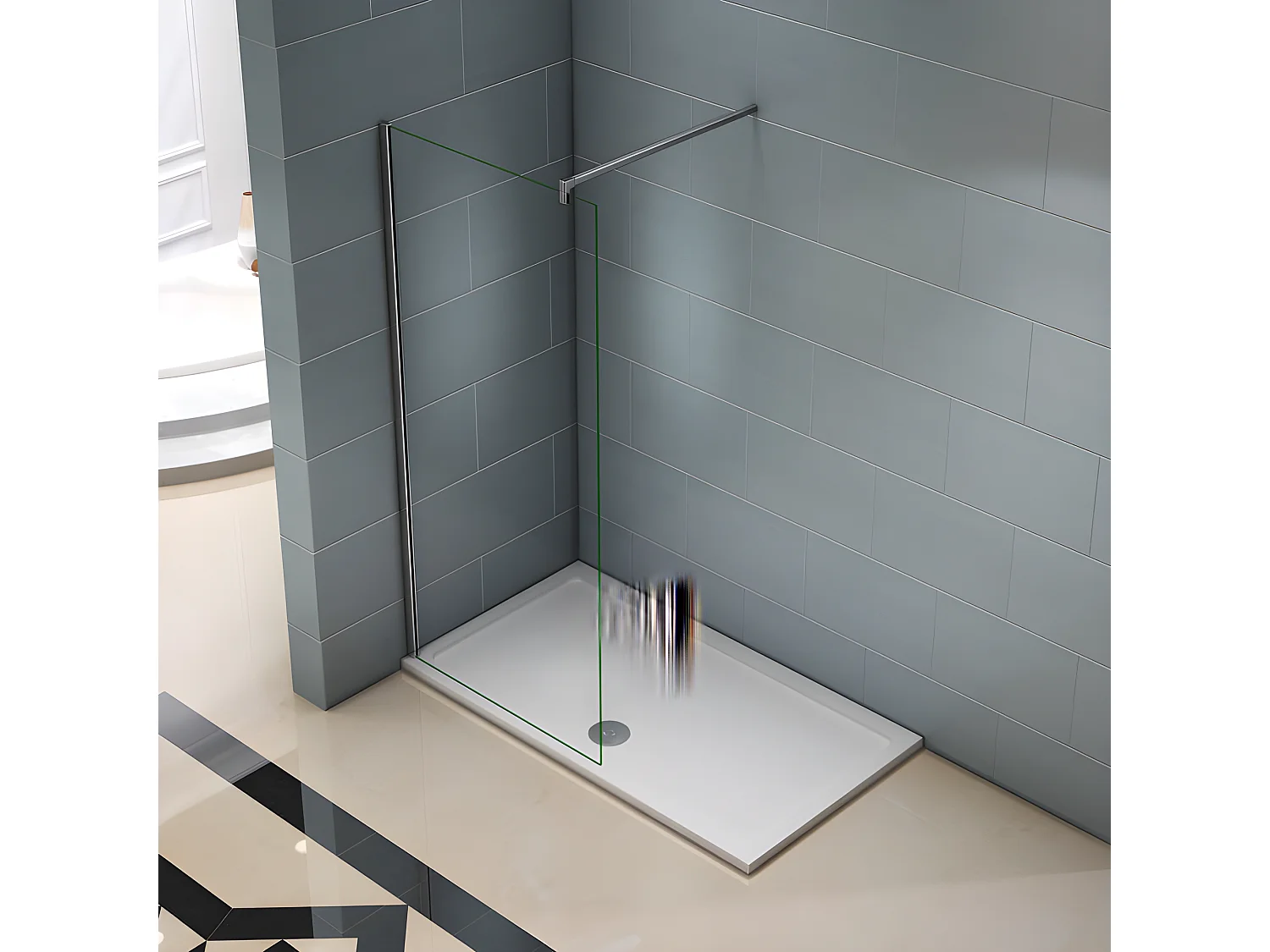 Paroi de douche à l'italienne 140x200cm avec barre de fixation 90cm en carré - Chromé - Verre 8mm trempé transparent
