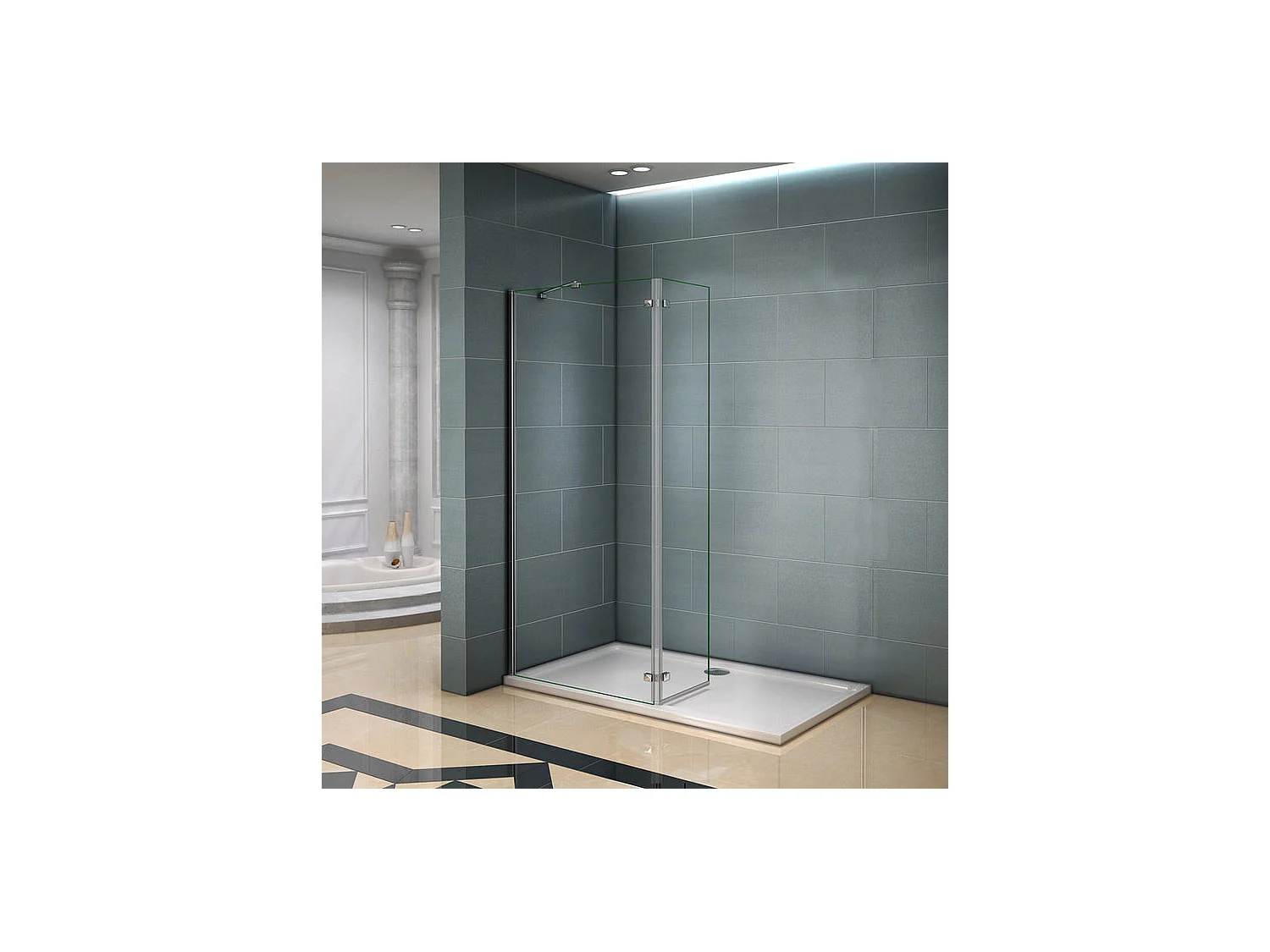 Paroi de douche fixe à l'italienne avec retour pivotant 90+40x200cm, charnières, avec barre de fixation d'angle 45cm