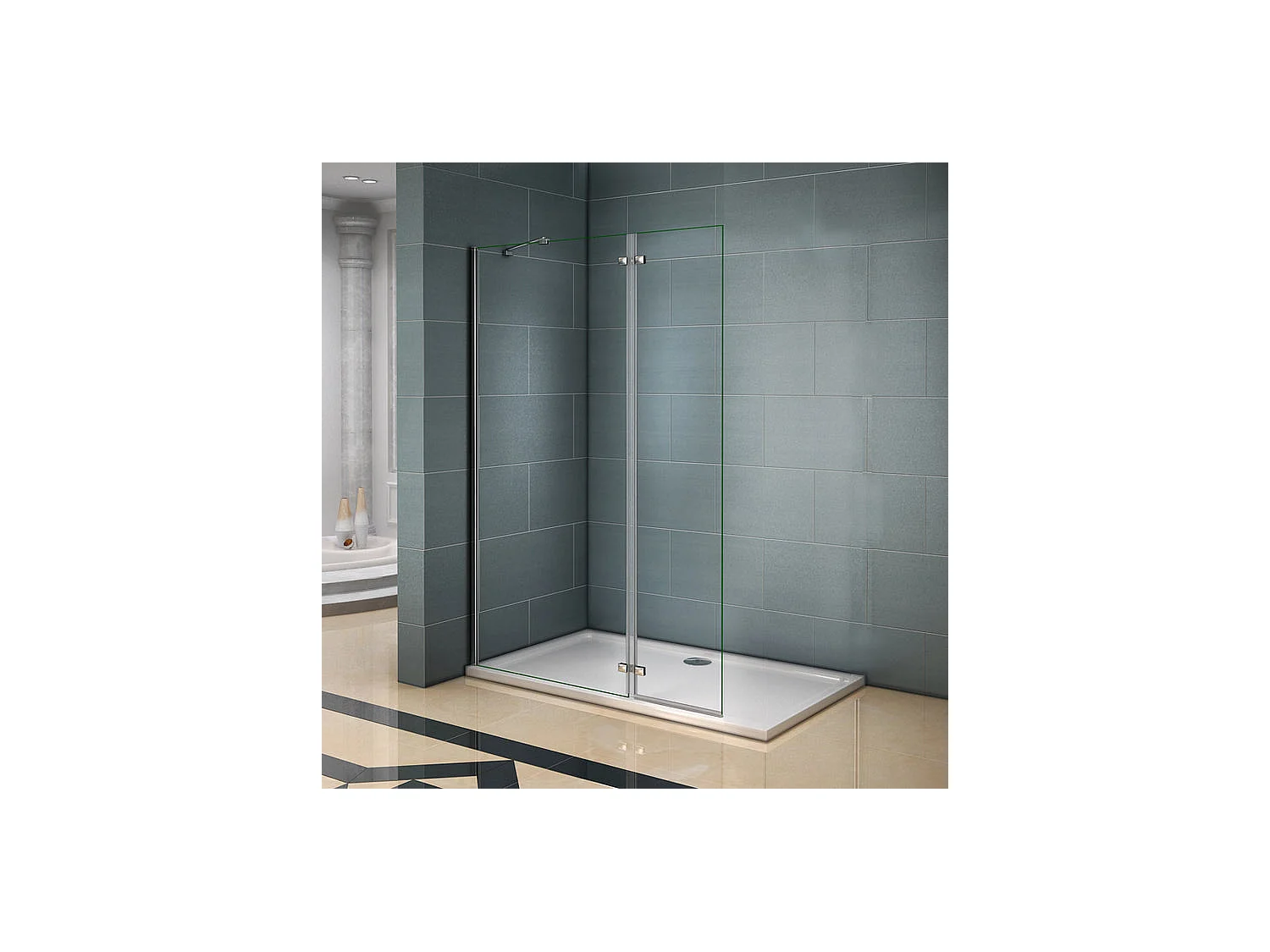Paroi de douche fixe à l'italienne avec retour pivotant 90+40x200cm, charnières, avec barre de fixation d'angle 45cm