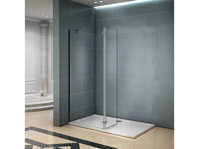 Paroi de douche fixe à l'italienne avec retour pivotant 90+40x200cm, charnières, avec barre de fixation d'angle 45cm