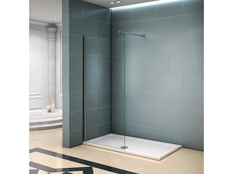Paroi de douche à l'italienne 110x200cm avec barre de fixation 90cm en carré - Chromé - Verre 8mm trempé transparent