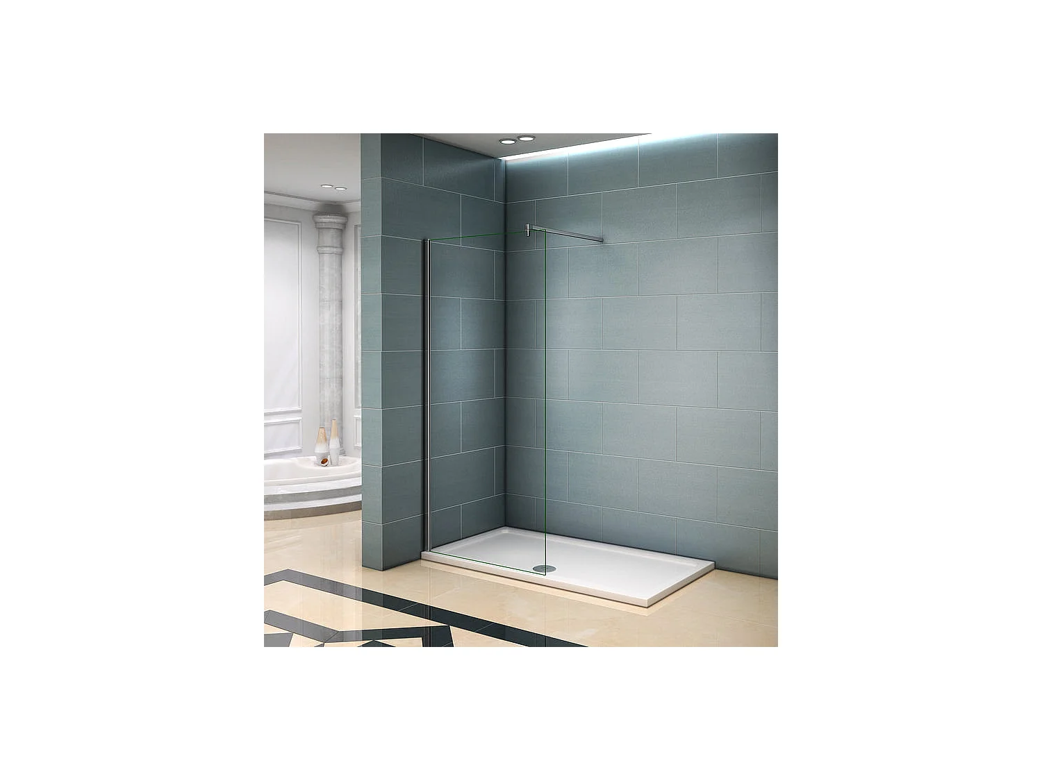 Paroi de douche à l'italienne 110x200cm avec barre de fixation 90cm en carré - Chromé - Verre 8mm trempé transparent