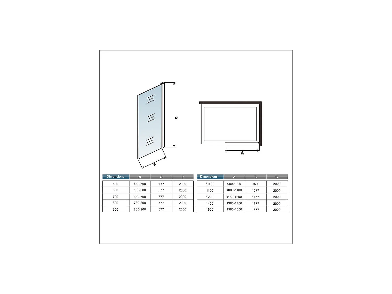 Inloopdouchewand 110x200cm met 90cm vierkante bevestigingsstang - Chroom - 8mm transparant gehard glas