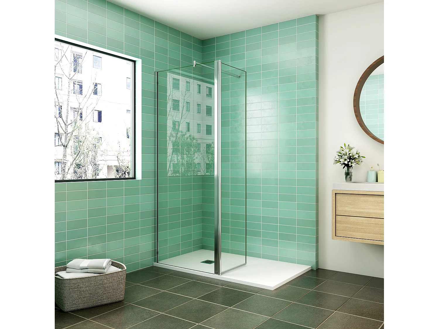 Inloopdouchewand 80x200cm met draaibare retour 50x200cm - Veiligheidsglas - Met cilindrische bevestigingsstang 70-120cm