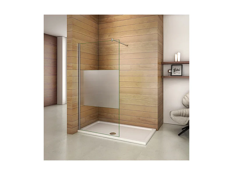 Paroi de douche à l'italienne 90x200cm avec barre de fixation 70-120cm en cylindrique, en 8mm verre bande centrale dépolie