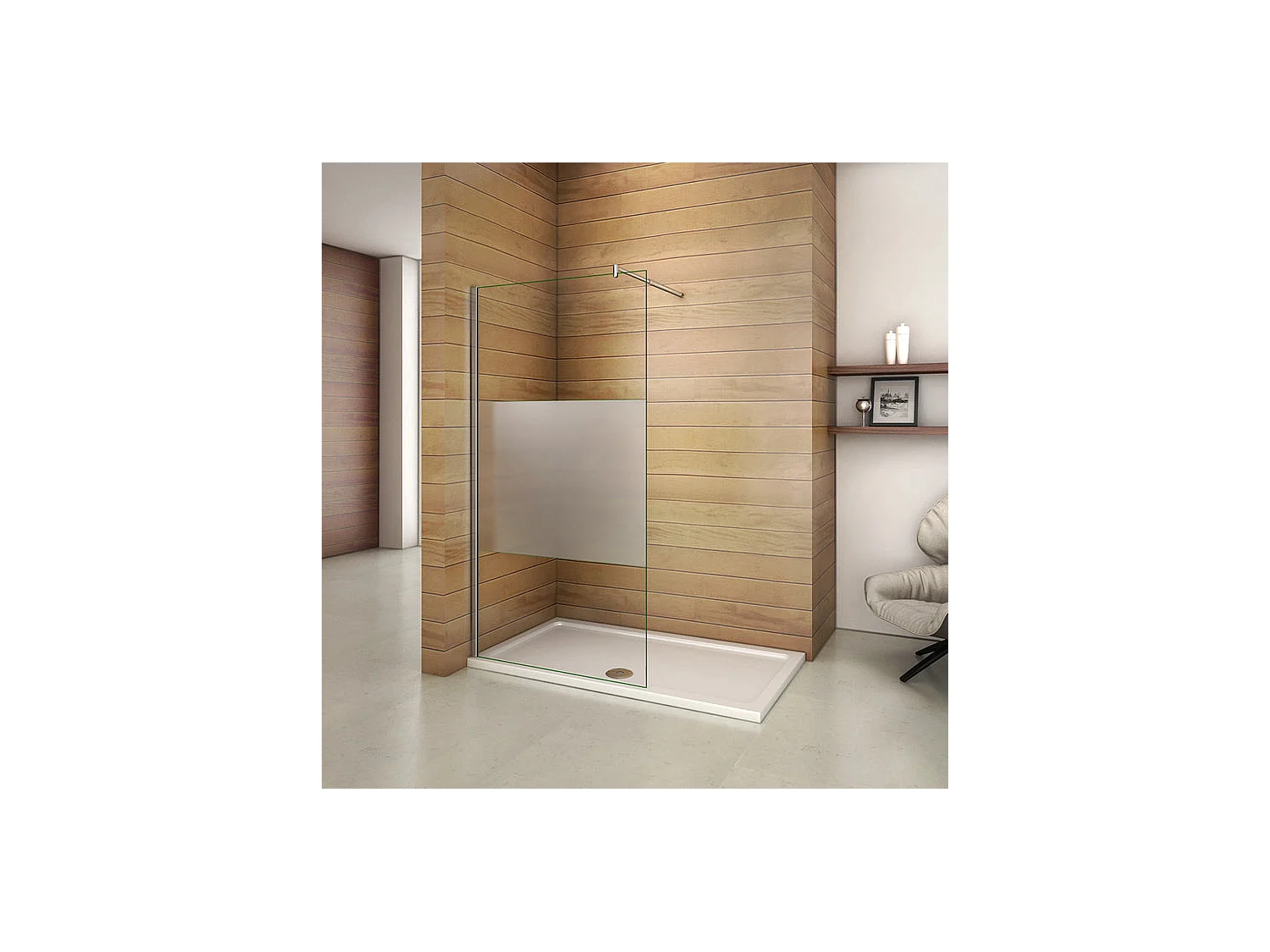 Italiaanse douchewand 90x200cm, met bevestigingsstaf 70-120cm cilindrisch, 8mm glazen mat middenstrip