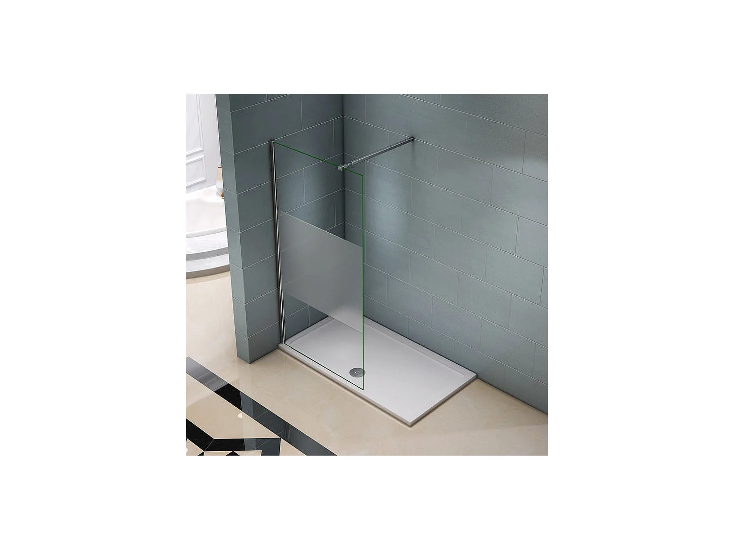 Paroi de douche à l'italienne 120x200cm avec barre de fixation 73-120cm en carré, en 8mm verre bande centrale dépolie