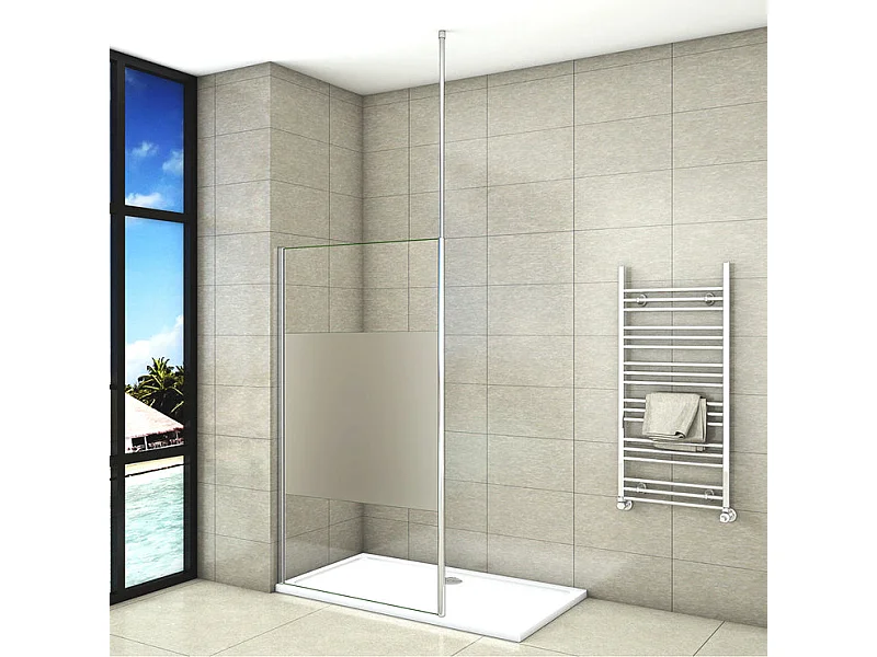 Inloopdouchewand 140x200cm met plafondbevestigingsstang 203-320cm, in 8mm gematteerd middenstrookglas