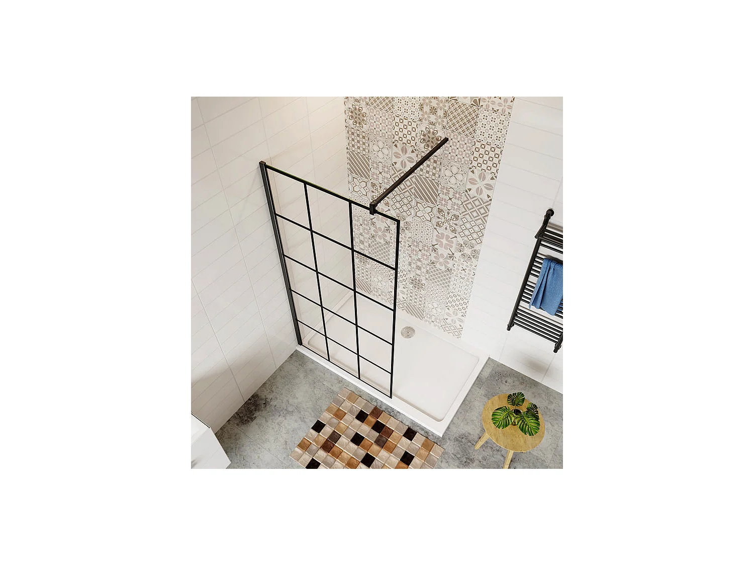 Paroi de douche fixe à l'italienne 120x200cm avec barre de fixation 90cm en carré - Noir - 8mm verre coloré et anticalcaire