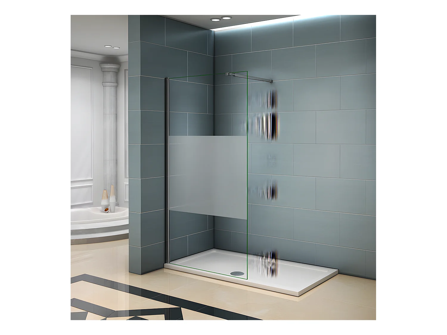 Paroi de douche à l'italienne 140x200cm avec barre de fixation 73-120cm en carré, en 8mm verre bande centrale dépolie