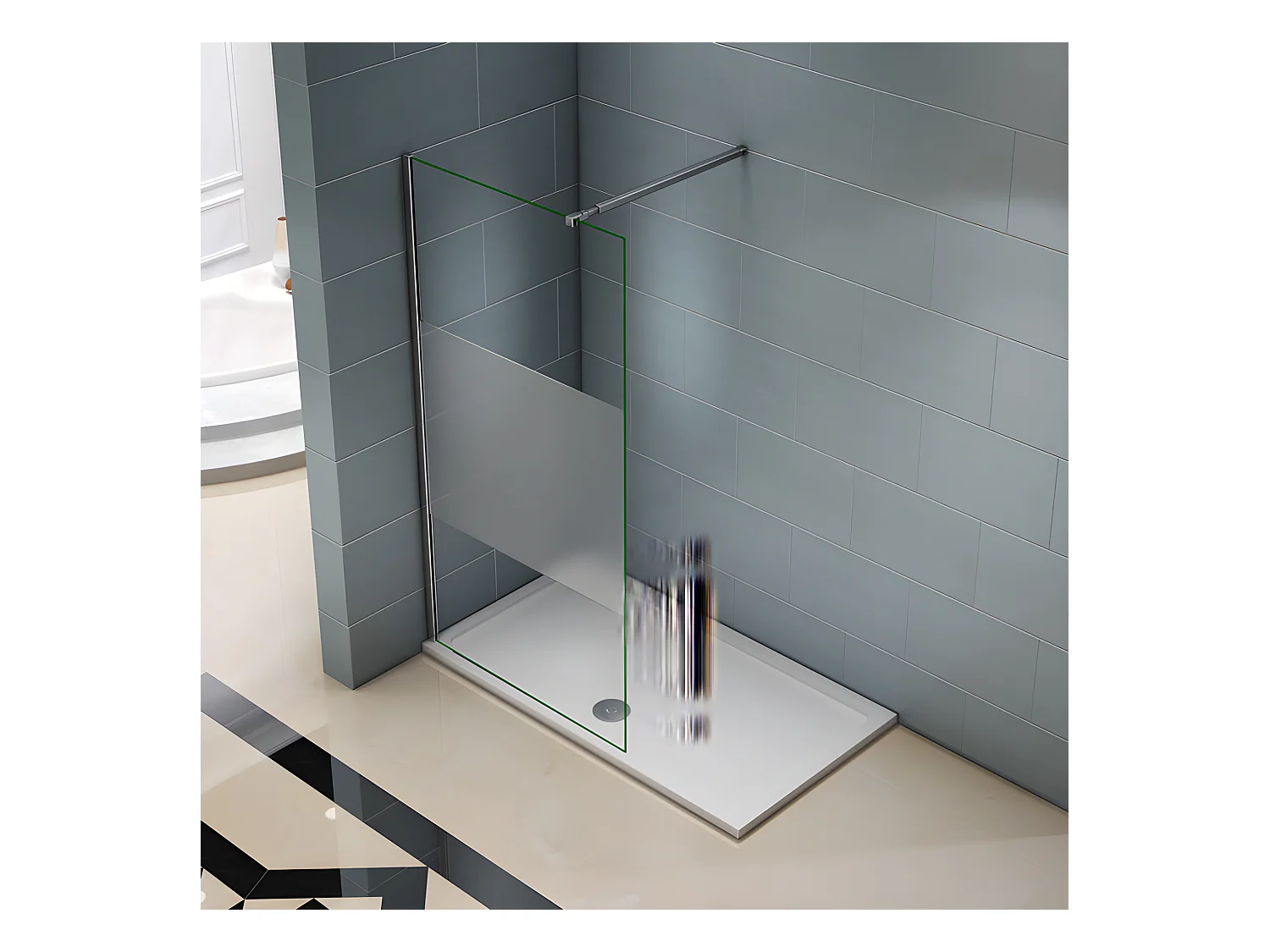Paroi de douche à l'italienne 140x200cm avec barre de fixation 73-120cm en carré, en 8mm verre bande centrale dépolie