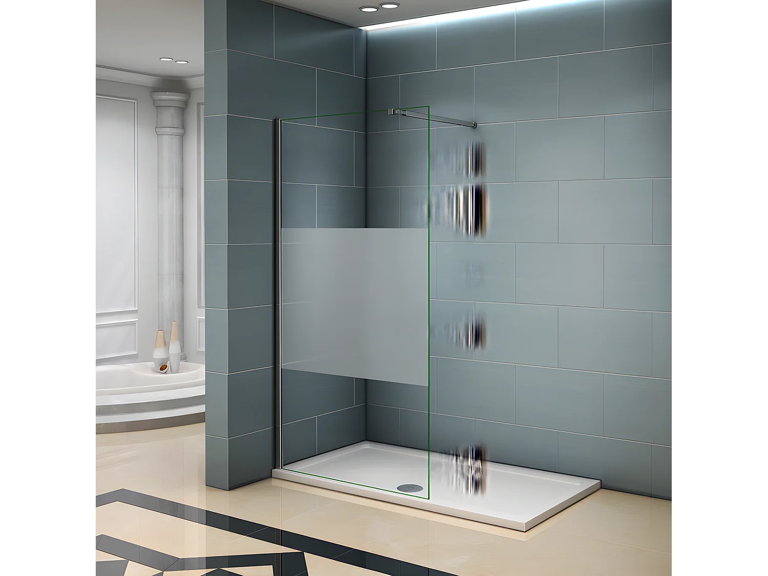 Paroi de douche à l'italienne 140x200cm avec barre de fixation 73-120cm en carré, en 8mm verre bande centrale dépolie