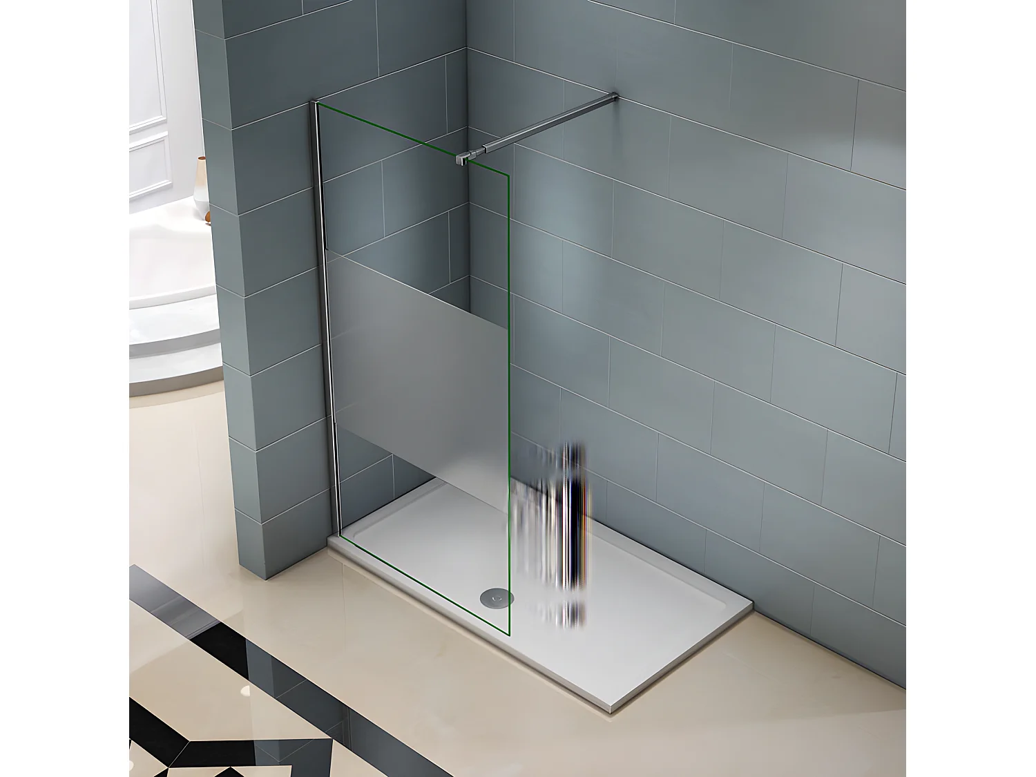 Paroi de douche à l'italienne 140x200cm avec barre de fixation 73-120cm en carré, en 8mm verre bande centrale dépolie