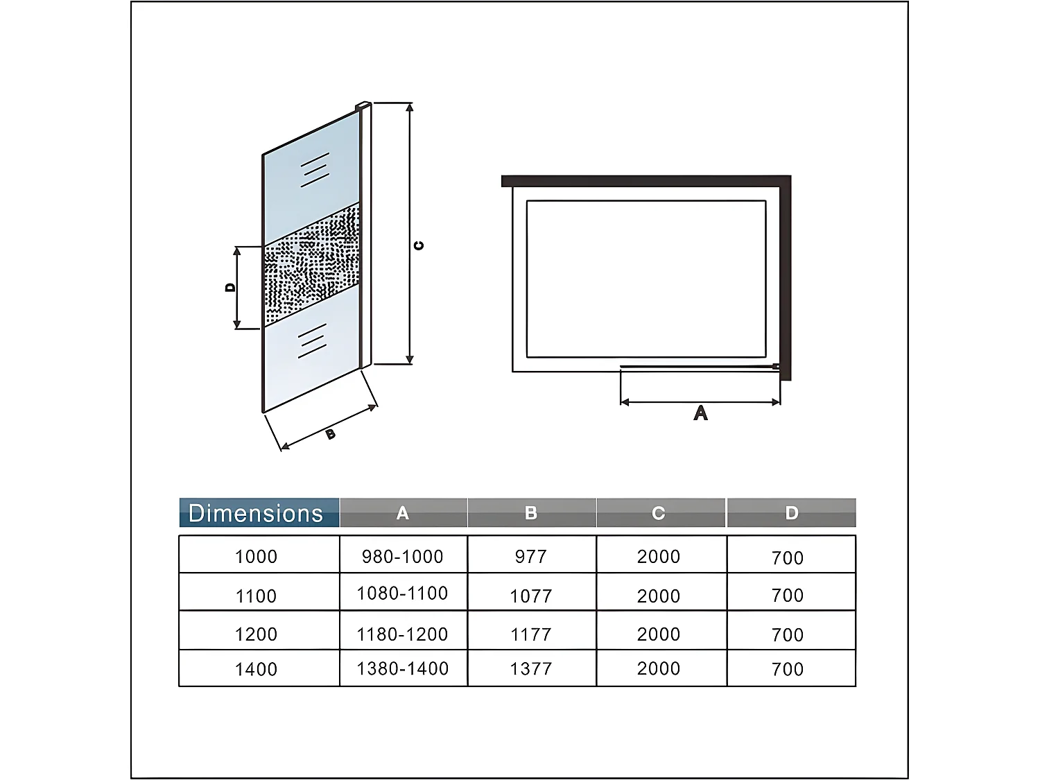 Paroi de douche à l'italienne 140x200cm avec barre de fixation 73-120cm en carré, en 8mm verre bande centrale dépolie