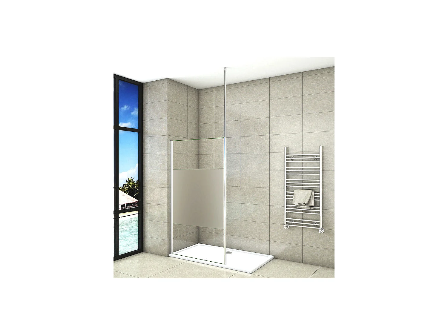 Italiaanse douchewand 100x200cm, met plafondbevestigingsstaf 203-320cm, 8mm glazen mat middenstrip