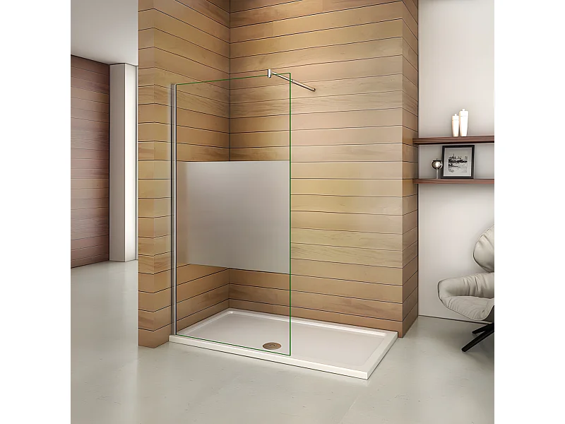 Paroi de douche à l'italienne 140x200cm avec barre de fixation 70-120cm en cylindrique, en 8mm verre bande centrale dépolie