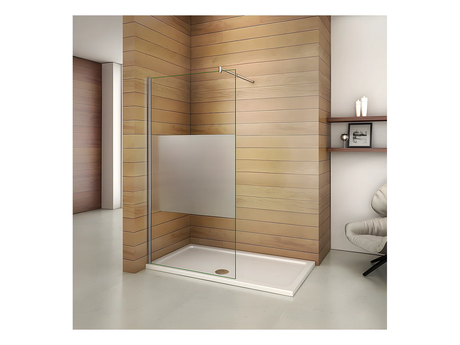 Paroi de douche à l'italienne 140x200cm avec barre de fixation 70-120cm en cylindrique, en 8mm verre bande centrale dépolie