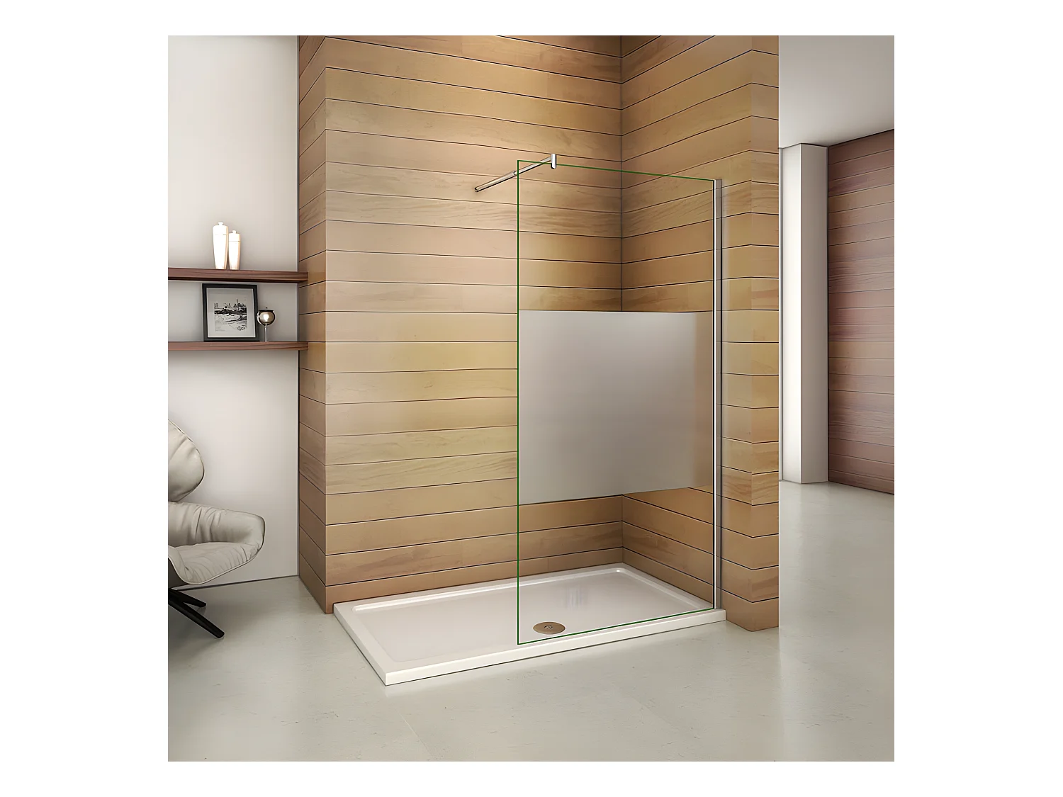 Paroi de douche à l'italienne 140x200cm avec barre de fixation 70-120cm en cylindrique, en 8mm verre bande centrale dépolie