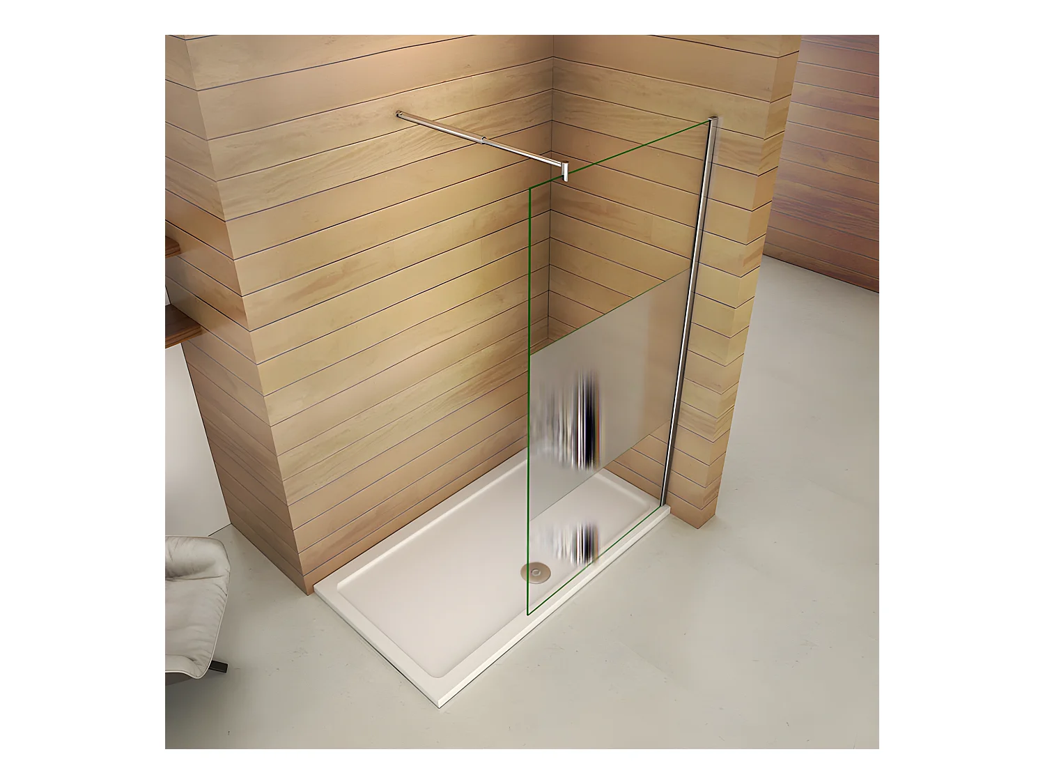 Paroi de douche à l'italienne 140x200cm avec barre de fixation 70-120cm en cylindrique, en 8mm verre bande centrale dépolie