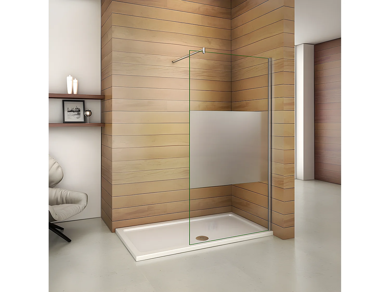 Italiaanse douchewand 140x200cm, met bevestigingsstaf 70-120cm cilindrisch, 8mm glazen mat middenstrip