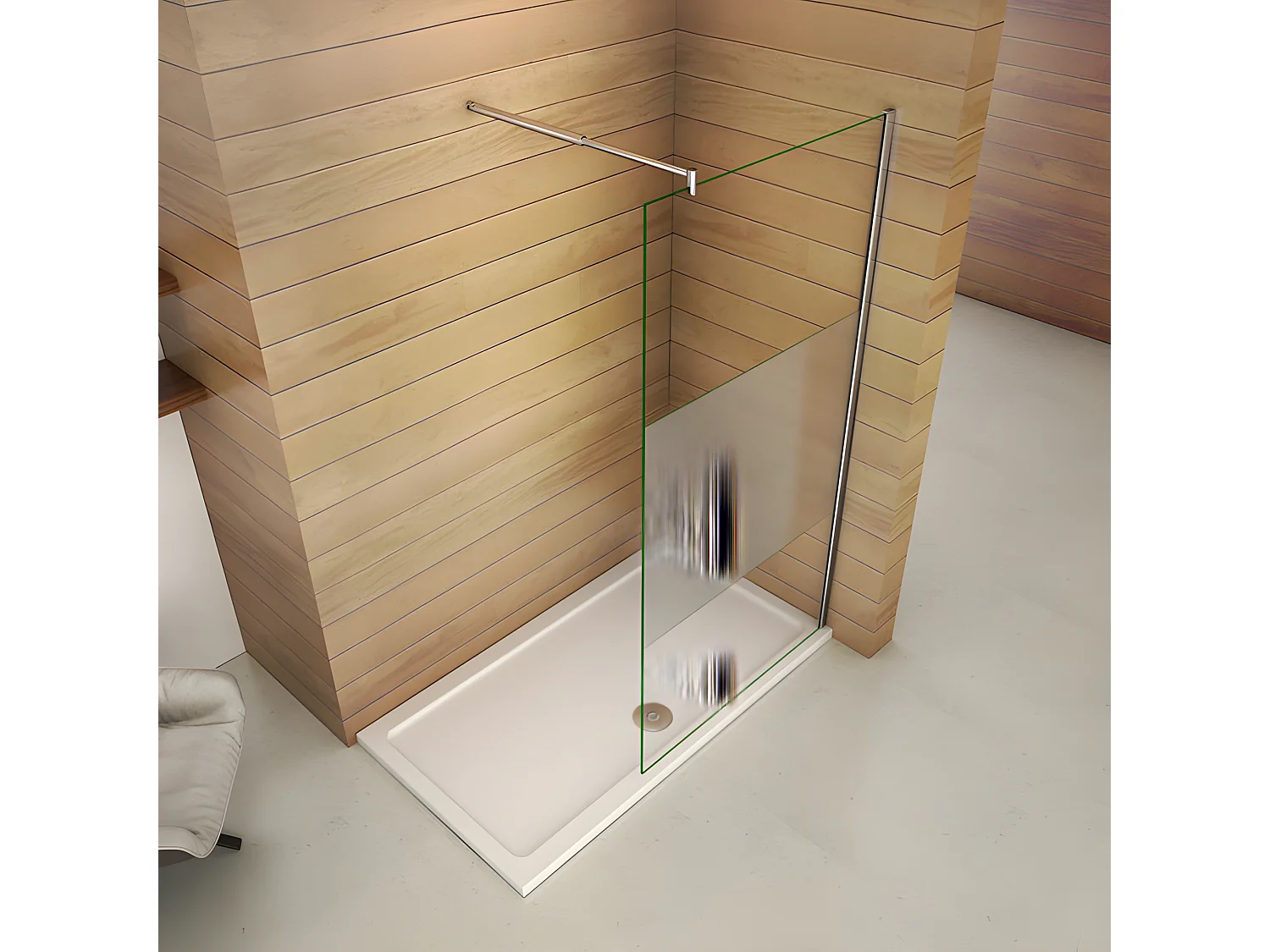 Italiaanse douchewand 140x200cm, met bevestigingsstaf 70-120cm cilindrisch, 8mm glazen mat middenstrip