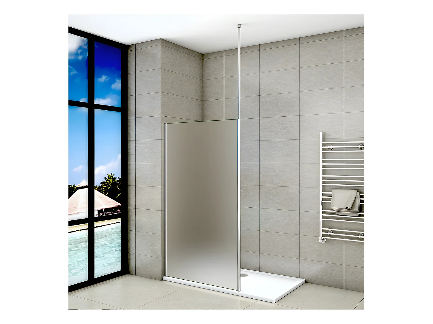 Paroi de douche à l'italienne 140x200cm - 8mm verre trempé sablé - Avec barre de fixation au plafond 203-320cm