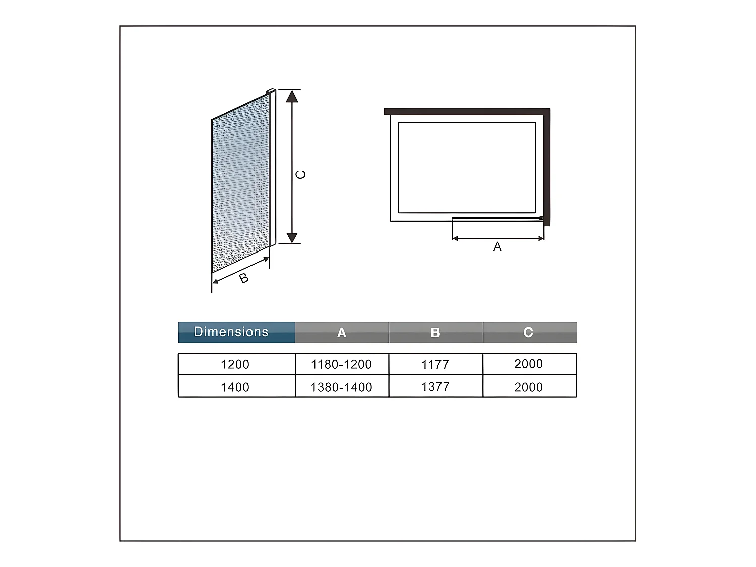 Paroi de douche à l'italienne 140x200cm - 8mm verre trempé sablé - Avec barre de fixation au plafond 203-320cm