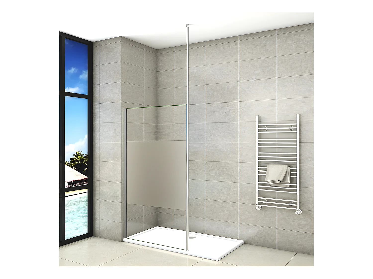 Paroi de douche à l'italienne 110x200cm avec barre de fixation au plafond 203-320cm, en 8mm verre bande centrale dépolie