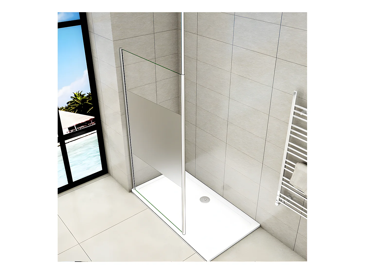 Paroi de douche à l'italienne 120x200cm avec barre de fixation au plafond 203-320cm, en 8mm verre bande centrale dépolie