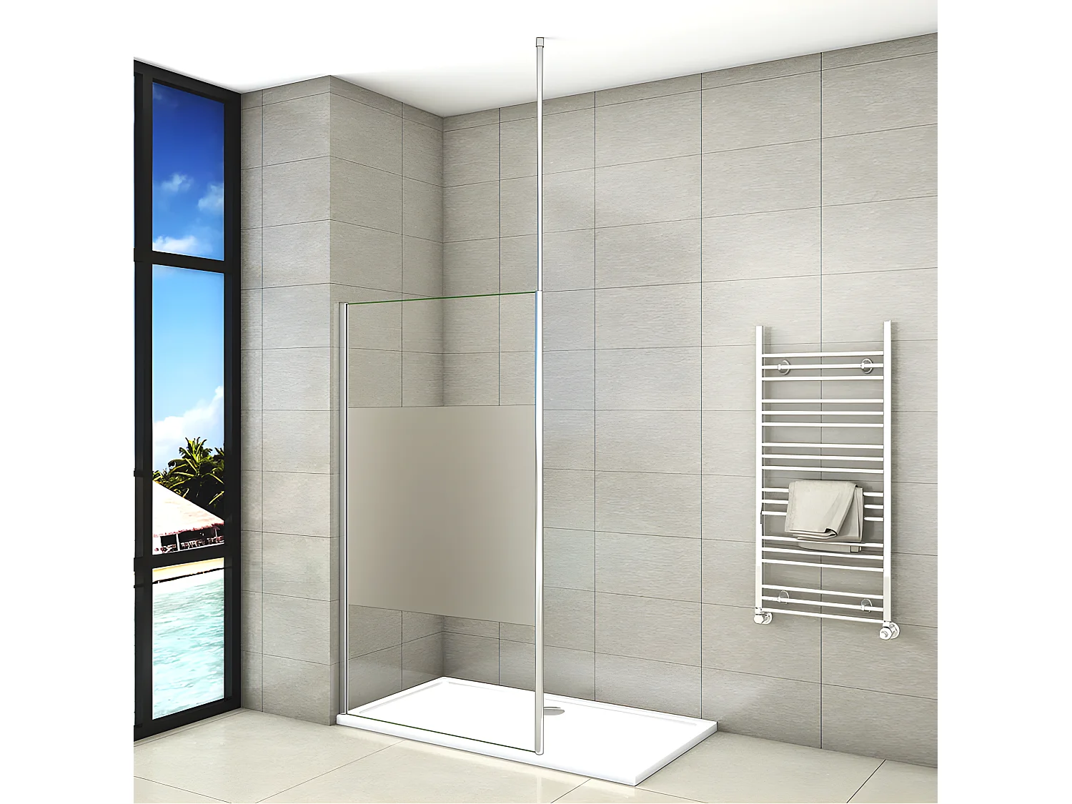 Paroi de douche à l'italienne 120x200cm avec barre de fixation au plafond 203-320cm, en 8mm verre bande centrale dépolie