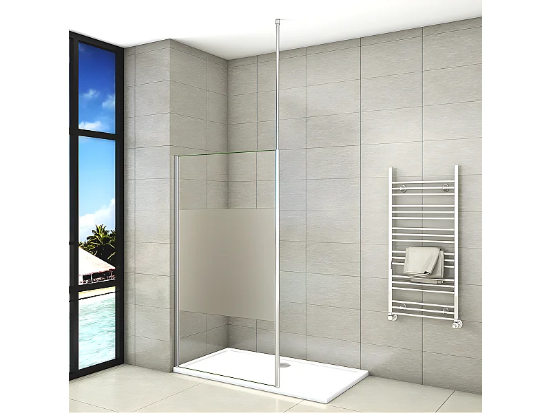 Inloopdouchewand 120x200cm met plafondbevestigingsstang 203-320cm, in 8mm gematteerd middenstrookglas