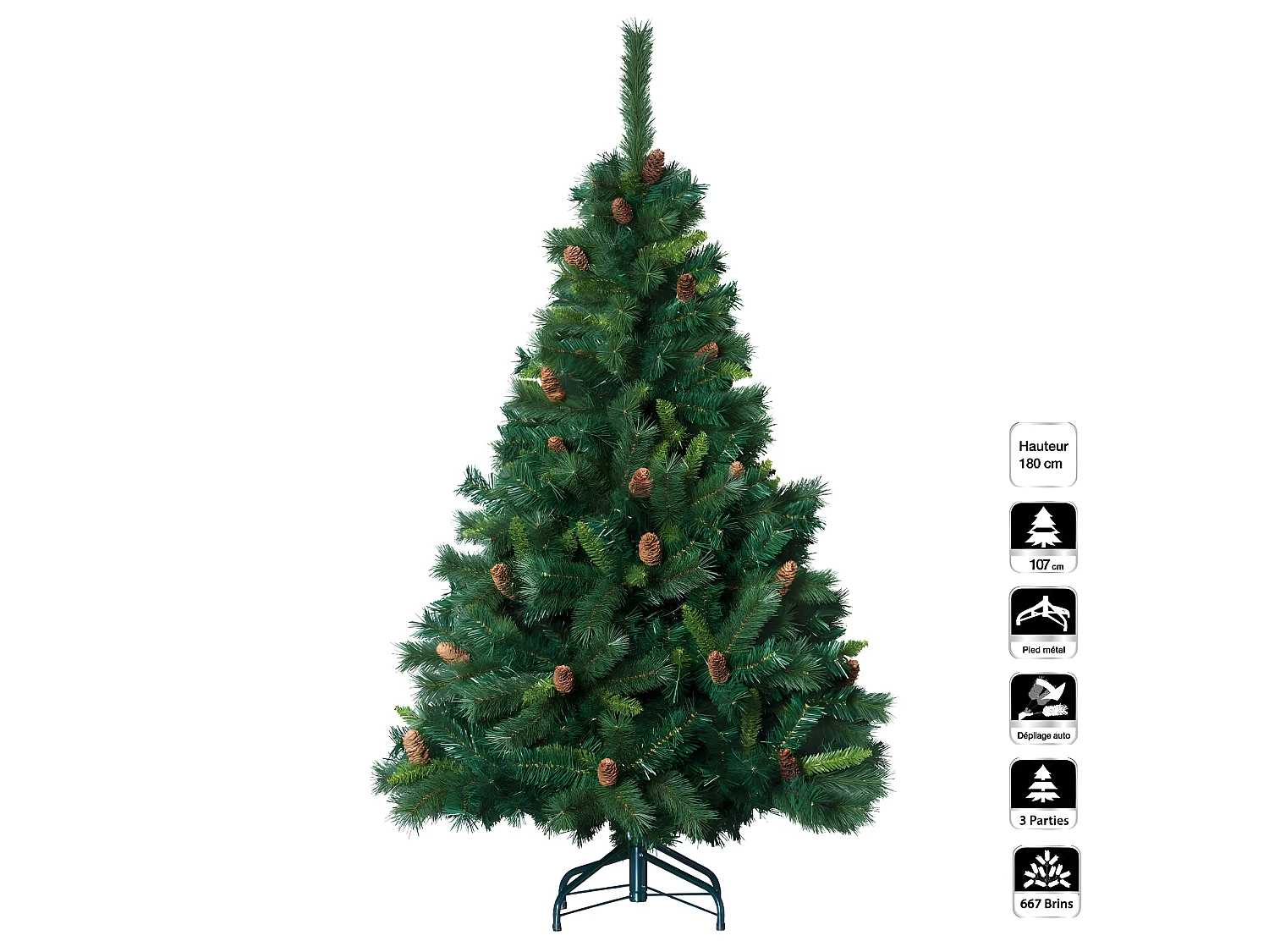 Sapin de Noël artificiel Vert avec Pomme de Pin H 180 cm
