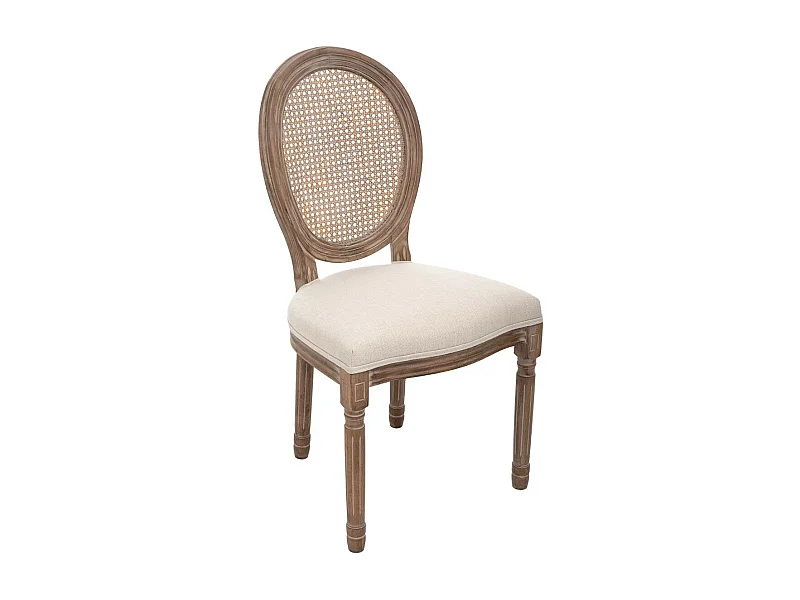 Chaise de table en coton Beige Lin et Bois blanchi avec dossier Cannage