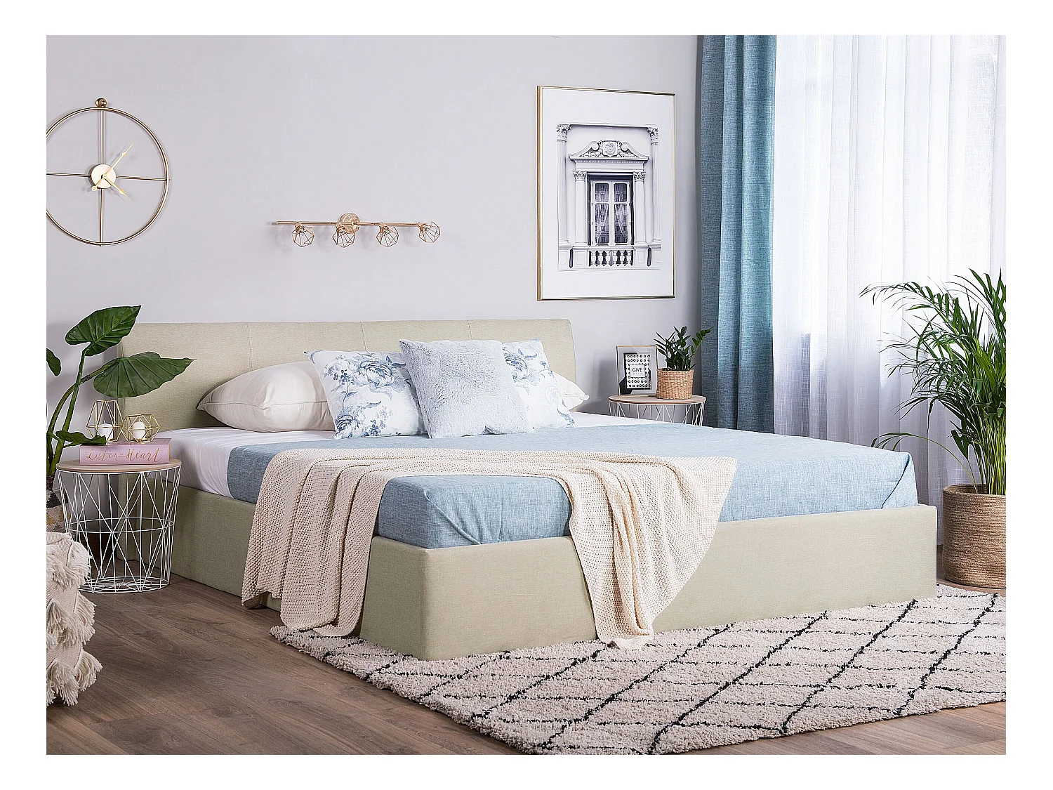 Polsterbett Leinenoptik beige mit Lattenrost 180x200 cm Bettkasten modern Orbey