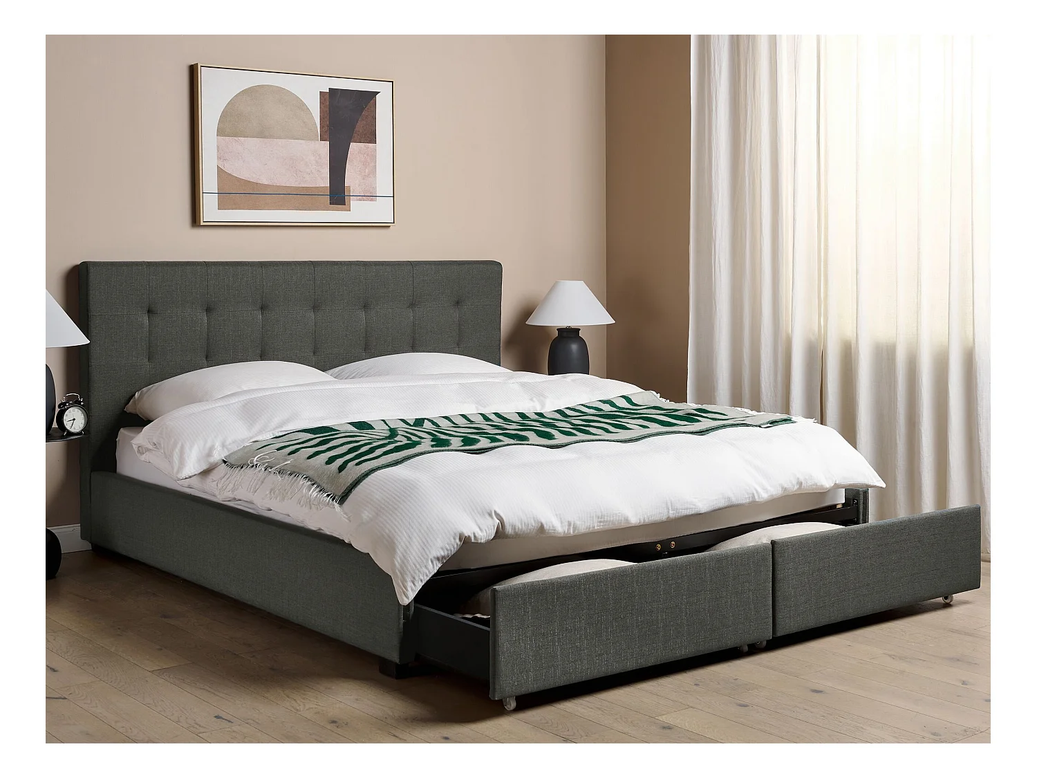 Lit avec tiroirs de rangement Tissu LA ROCHELLE 180 x 200 cm Gris foncé