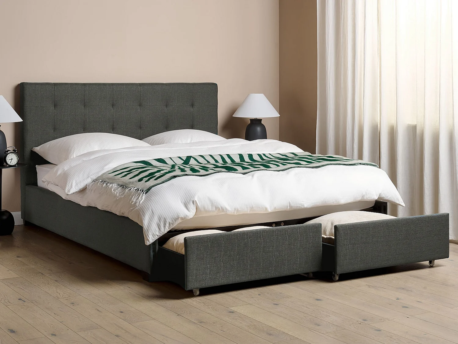 Lit avec tiroirs de rangement Tissu LA ROCHELLE 160 x 200 cm Gris foncé