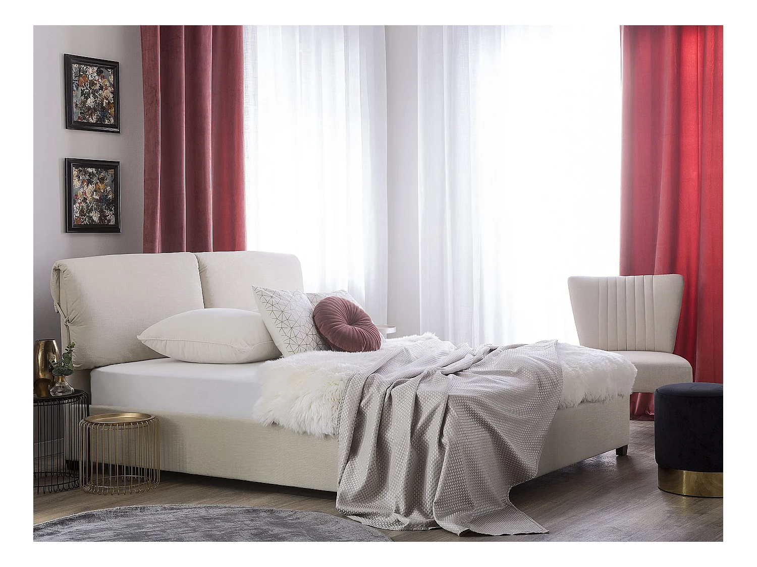 Lit avec sommier Tissu BELFORT 160 x 200 cm Beige clair