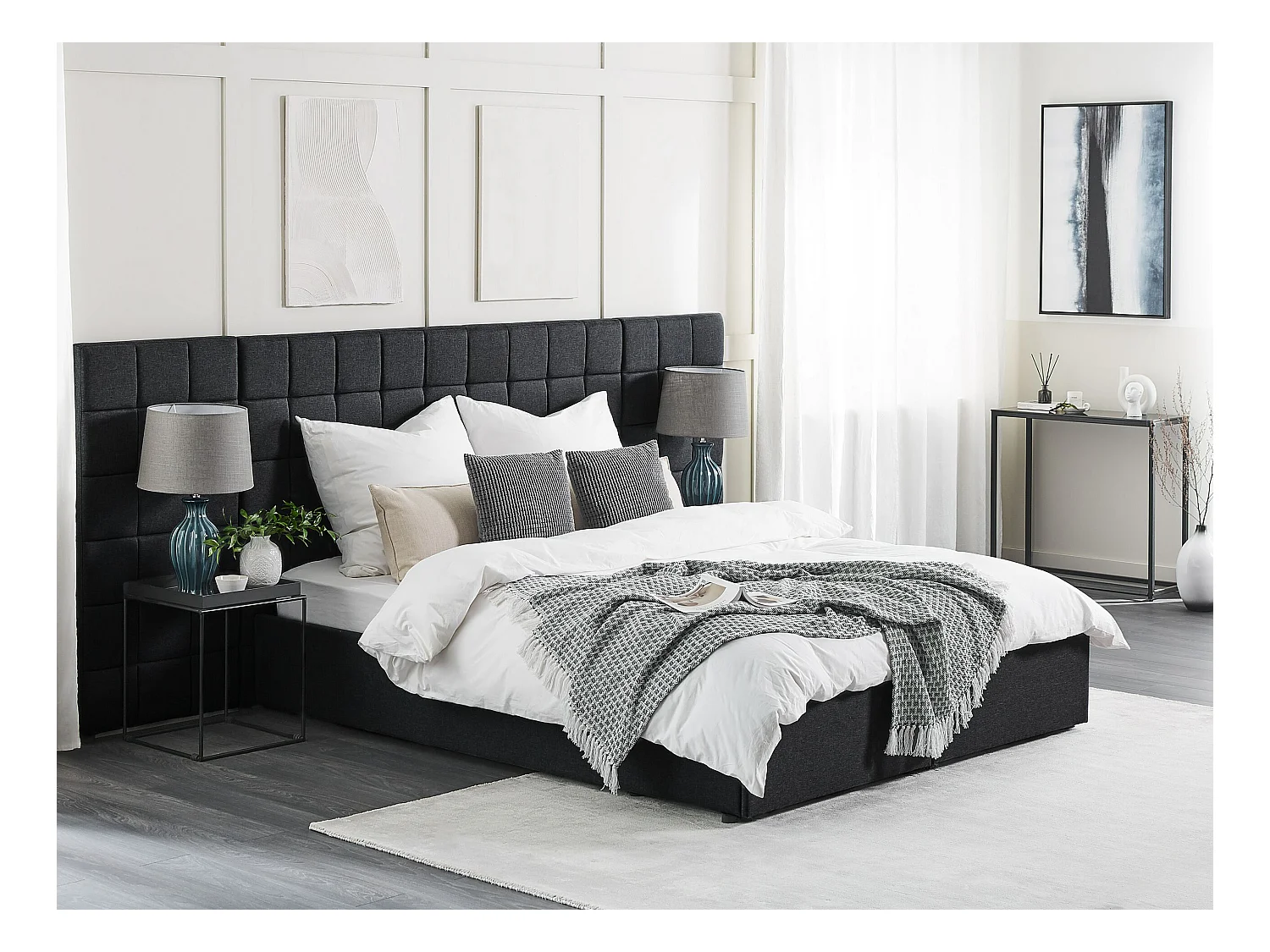 Lit avec tiroirs de rangement Tissu MILLAU 160 x 200 cm Gris foncé