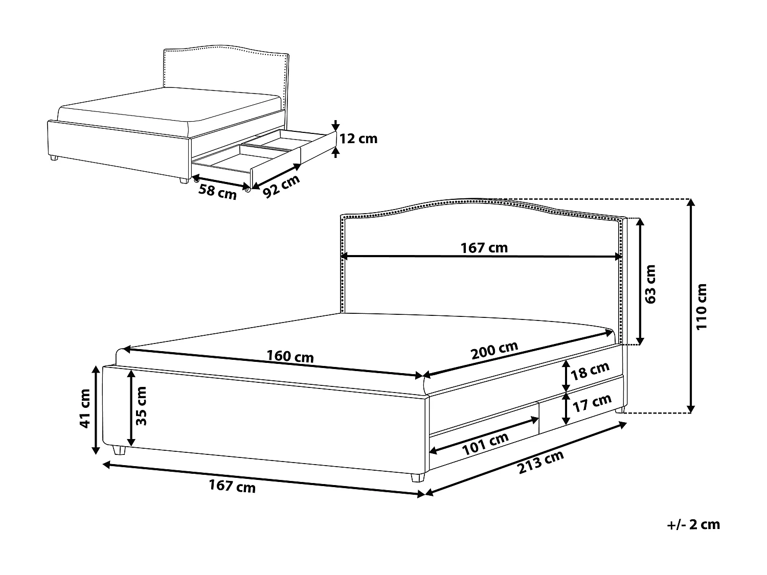 Letto con cassetti contenitori Tessuto MONTPELLIER 160 x 200 cm Grigio scuro